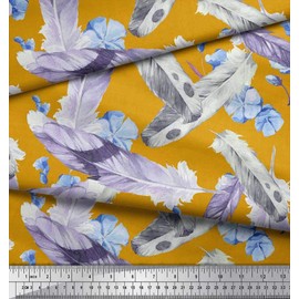 Soimoi Gold Moss Georgette Fabric Floral & Artistic Feather Print Fabric by Yard 42 Inch Wide