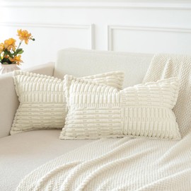 JOTOM Set of 2 Corduroy Soft Striped Cushion Covers with Splicing 30x50 cm Boho Decorative Throw Pillow Covers Lumbar Cushion Case Couch Pillowcases for Sofa Bed Home Decor 12x20 Inch (Cream White)