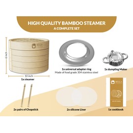 BELLA COOKS Bamboo Steamer for Cooking - Steamer Basket with a Ring - Fits every Pan & Pot - Dumpling Steamer - Incl. Extra Chopsticks & Silicone Liners