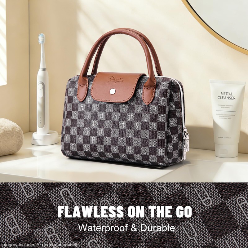 BOYATU Checkered Makeup Bag Organizer with Handle: Large Travel Cosmetic