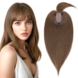 S-noilite Hair Toppers for Women Real Human Hair Topper with Bangs 100% Remy Human Hair Toppers Wigs Clips in Hair Pieces for Thinning Hair/Hair Loss(12 Inch,Medium Brown)