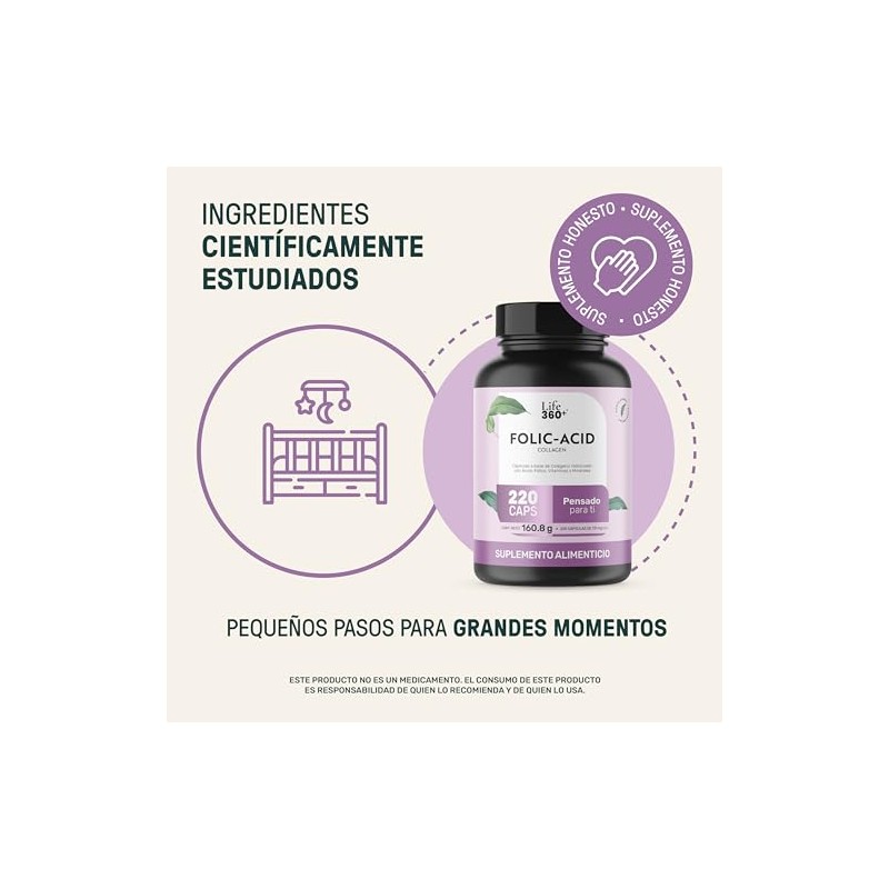 LIFE 360+ Folic Acid Collagen | 220 cápsulas | 1462mg