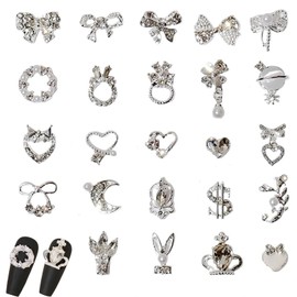 DFsucces Nail Parts, Set of 24, 3D 3D 3D Metal Parts, Ribbon, Butterfly, Rabbit, Nail Design Supplies, DIY Craft Accessories (Silver)