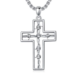 ROMANTICWORK Kreuz Kette 925 Sterling Silber Stacheldraht Kreuz Halskette Kreuz Anhänger Christlicher Religiöser Gotischer Kreuz Schmuck Geschenke für Herren Männer Damen