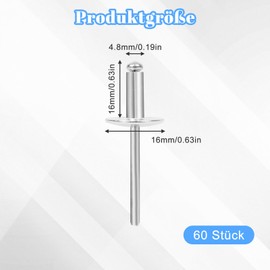 60 Stück Aluminium-Blindnieten, Blindnieten Alu Nieten Set, Blindnieten Sortiment Popnieten für Blech, Industrie, Holzbearbeitung (4.8 * 16)
