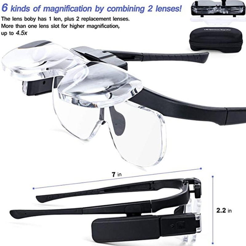 Head Magnifier Glasses USB Rechargeable Eyeglasses Magnifier with 2 LED