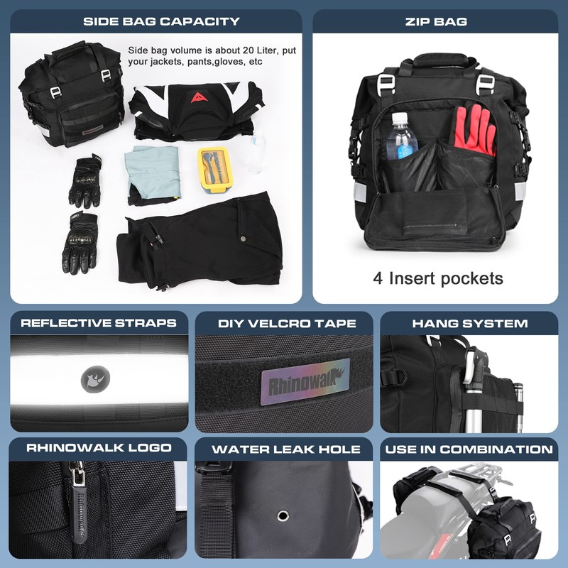 Rhinowalk Motorcycle Saddlebags Waterproof 20L Motorcycle Side Saddlebags Quick Release