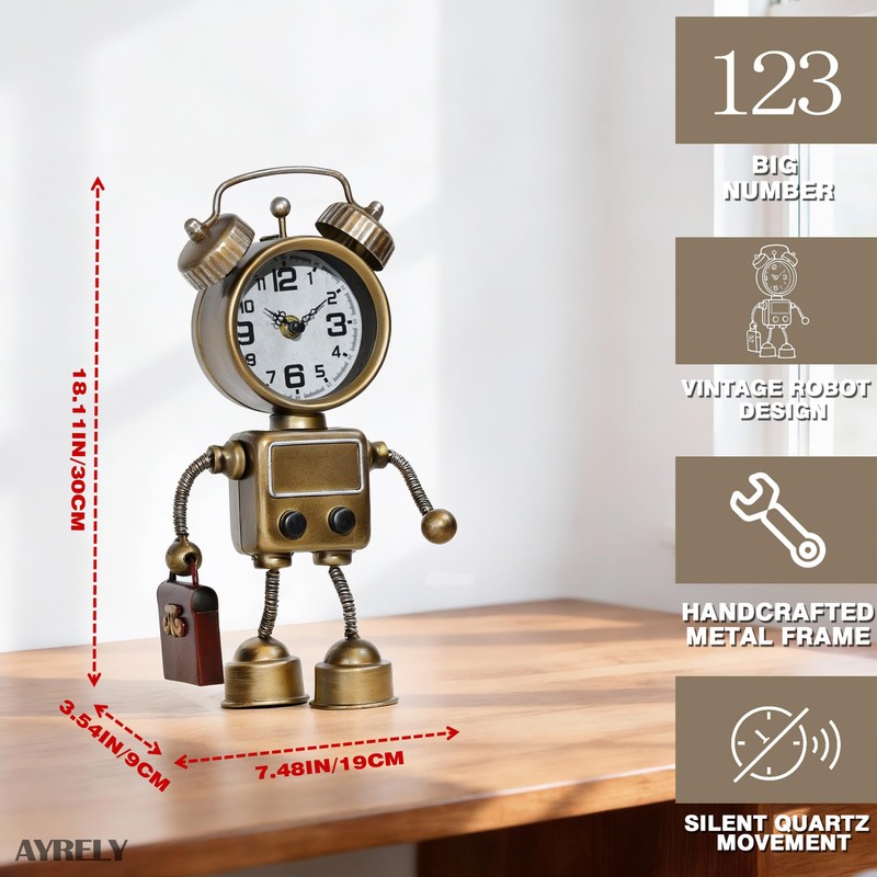 AYRELY® Industrial Steampunk Robot Table Clock,Battery Operated Metal Desk&Shelf Clock,Retro