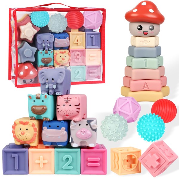 Doviden Baby Toys Blocks for Toddler - 3 in 1 Montessori Toy for Babies 6-12 Months, Soft Teething Toys Stacking Building for Infant Boy Girl Silicone Animal Sensory Learning Activity, 23 PCS