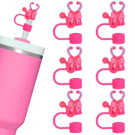 JarThenaAMCS 6Pcs Pink Nurse Straw Cover Caps Nurse Appreciation Gifts 0.4 Inch Medical Stethoscope Coquette Bow Silicone Reusable Straw Topper for 30 & 40 OZ Tumbler Cups