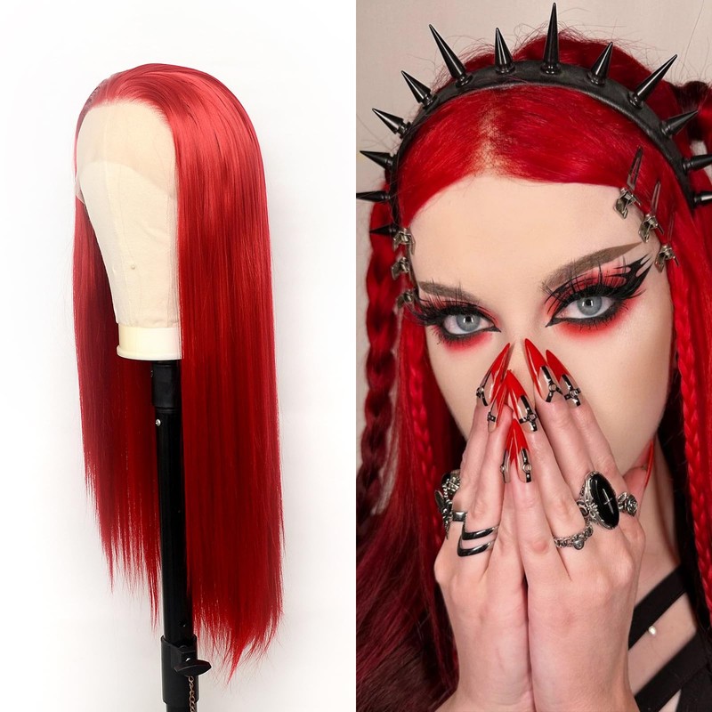 Red Lace Front Wig for Women Long Straight