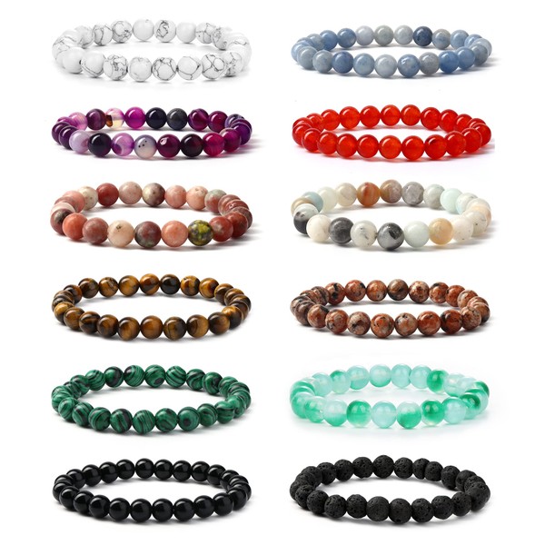 JeryWe 12 Pcs 8mm Beaded Bracelets for Women Men Natural