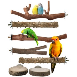 Bissap Bird Perch Stand 7PCS, Natural Grape Wood Pole Standing Parrot Cage Branch Paw Grinding Fork Parakeet Platform Hammock for Conures Budgies Finches Cockatiels Small Birds Exercise Training
