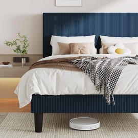 Allewie Full Size Upholstered Bed Frame with Vertical Channel Tufted Headboard, Soft Corduroy Fabric Platform Bed, Strong Wooden Slats Support, Easy Assembly, No Box Spring Needed, Dark Blue