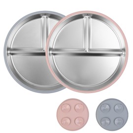 ShineMe Stainless Steel Kids Plates 2 Pack, 9”Suction Plates for Baby with Removable Colored Silicone Sleeves, Unbreakable Toddler Divided Plate Non Toxic for Snack, Meal...