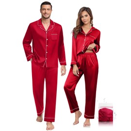 YOPUGEE Men Pajamas Set Soft Longsleeve Pjs 2 Piece Classic Sleepwear Button Down Loungewear, Red-M