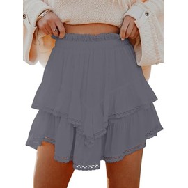 Aoudery Flowy Shorts for Women Casual Boho Ruffle Tiered Skorts High Waist Mini Skirts Golf Tennis Butterfly Crochet Shorts - Gray S