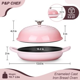 P&P CHEF Dutch Oven for Bread Baking, 5.5 Quart Enameled Cast Iron Bread Oven with Lid, Round Bread Pan for Homemade Sourdough Baking, Easy to Clean & Dome Lid, Pink