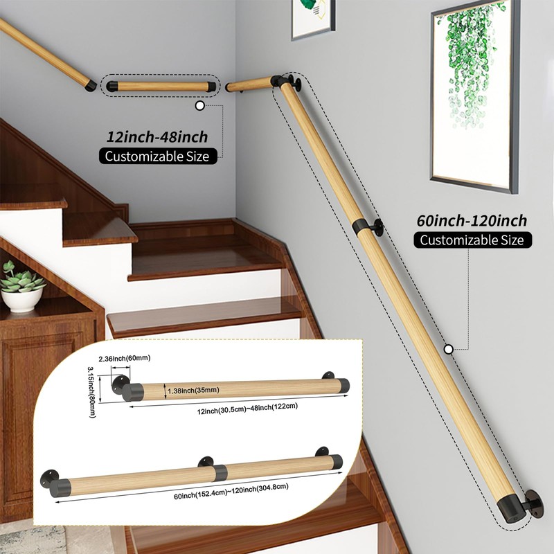 3FT Wooden Stair Handrails,Indoor Outdoor Hand Railings, Sturdy Wall Mount