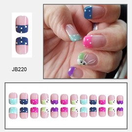 Press on Nails Square Short French 24Pcs Glossy Full Cover Acrylic Easter False Nails with Rabbit Designs Artificial Extra Short Square Fake Nails with Glue Stick on Fingernails for Women Girls