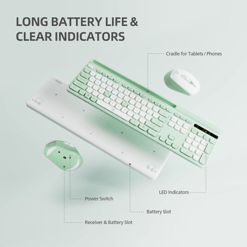 Green Wireless Keyboard and Mouse Combo, 2.4G Ergonomic Wireless Computer