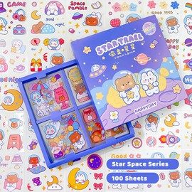Star 400PCS/100Sheets Cartoon Stickers, Transparent PET Scrapbooking Clipping Supplies Decals, Cute, Kawaii, Unisex Fun, Creative, Colorful, DIY Craft, Planner Stickers for Kids, Teens Gifts
