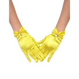 QRBTSCL Women's Short Satin Gloves for Wedding Wrist Short Evening Party Dressy Bridal Satin Gloves with Pearl Yellow