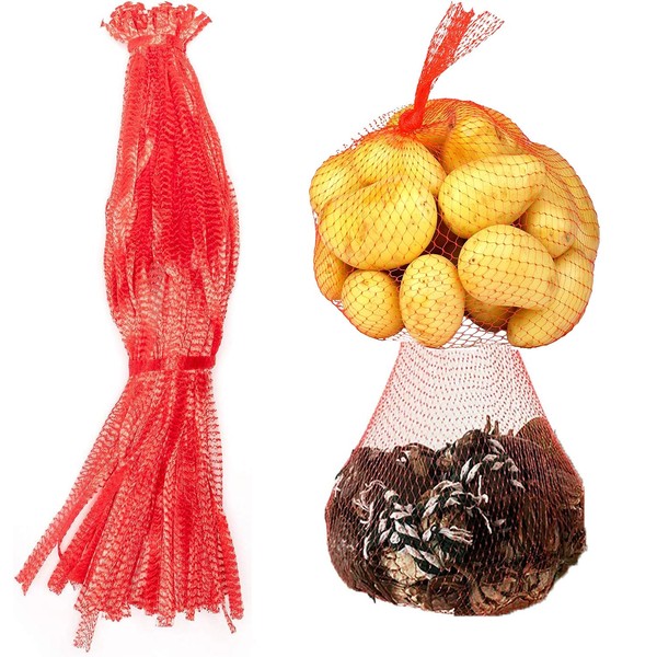 100Pcs Reusable Produce Bags, Shellvcase Onion Fruits Mesh Produce Bags and Seafood Boil Bags, 24’’ Net Storage Bags for Grocery Shopping Storage of Fruit Vegetable Seafood Toy & Garden Produce(Red)