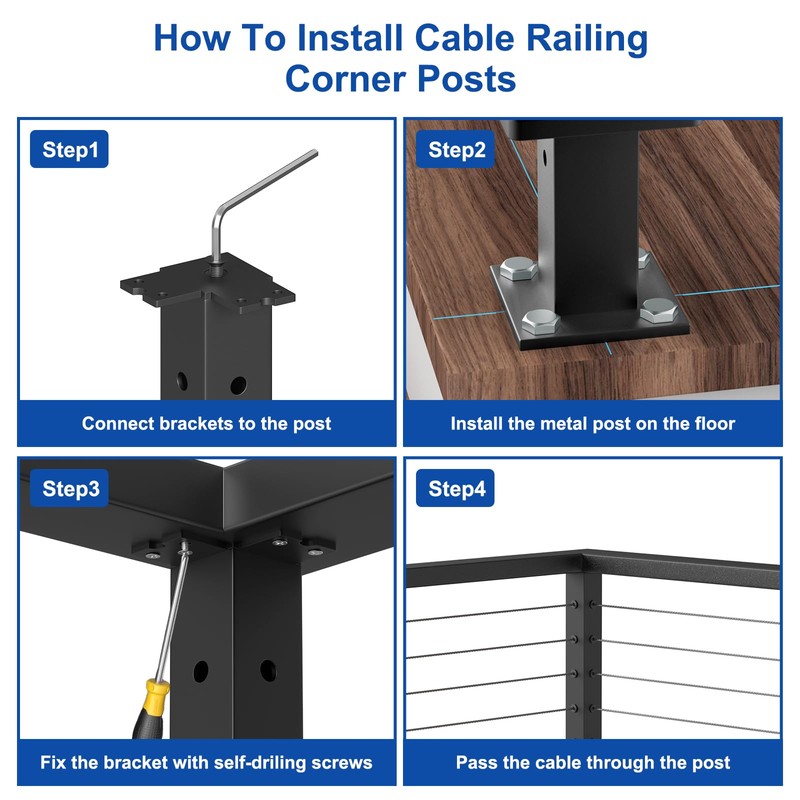 BLIKA 36" Cable Railing Corner Post(Post 35"x2"x2"), Flat Top Surface