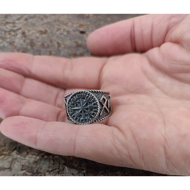 Kiss of Leather Viking Compass Vegvisir Ring 925 Sterling Silver