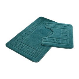 Lions Bath Mat Sets 2 Piece - Jacquard Greek Key Pattern Bathroom Toilet Rugs, Microfibre Bath Mats Pedestal Set, Super Soft Bathmat, Dark Teal