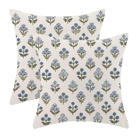 AEIOAE Block Print Floral Pillow Covers 18 X 18 Inch Set of 2, Blue Green Vintage Flower Decorative Throw Pillow Covers Boho Farmhouse Gift Cushion Case for Home Sofa Outdoor Decor