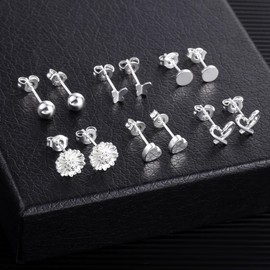 ASH'S CHOICE Women's 925 Silver Earrings, 6 Pairs of 925 Silver Stud Earrings, Small Earrings Set, Multipack Glitz Stud Earrings with Rhinestones, Zirconia, Leaf, Star, Moon, Leaf, Ball Stud Earrings,
