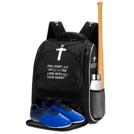Locmeo Christian Baseball Bag Cross Baseball Backpack for Youth Adult Religious T-Ball Softball Equipment Gear with Separate Shoes Compartment Fence Hook for Helmet & Accessories(Proverbs 3:5)