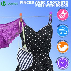 VOUNOT 40 Strong Clothes Pegs for Washing Line with Bag, Stainless Steel Laundry Pegs wiht Soft Grip and Hooks, Multicolour