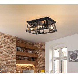 Farmhouse Rustic Flush Mount Ceiling Light Fixture,16in 4 Light Vintage Industrial Metal Cage Light,Black Wildlife Rustic Ceiling Lamp for Kitchen,Living Room,Bedroom,Balcony