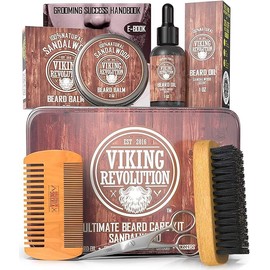 Viking Revolution Ultimate Grooming Kit for Men - Boar Brush, Wood Comb, Sandalwood Balm & Oil, Scissors for Beard & Mustache