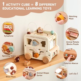 Wooden Activity Cube, 8-in-1 Montessori Toys with Animal Tourism Bus Theme, Multifunctional Early Educational Learning Toys Montessori Toys for 1 Year Old Boys Girl oddlers Kids Birthday Gift (Beige)