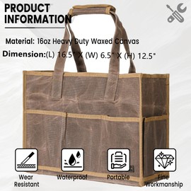 Waxed Canvas Tool Pouch,Garden Tool Bag Organizer with 14 Extra Pockets & Removable Handle,16.5 X 6.5 X 12.5 | Grey