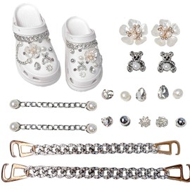 Bamyli 18Pcs Glitter Shoe Charms,Cute Bears Five Leaf Flowers Charms,Crystal Diamond Pearl Decoration,Silver Shoe Charms Accessories for Croc Boys Girls Adults