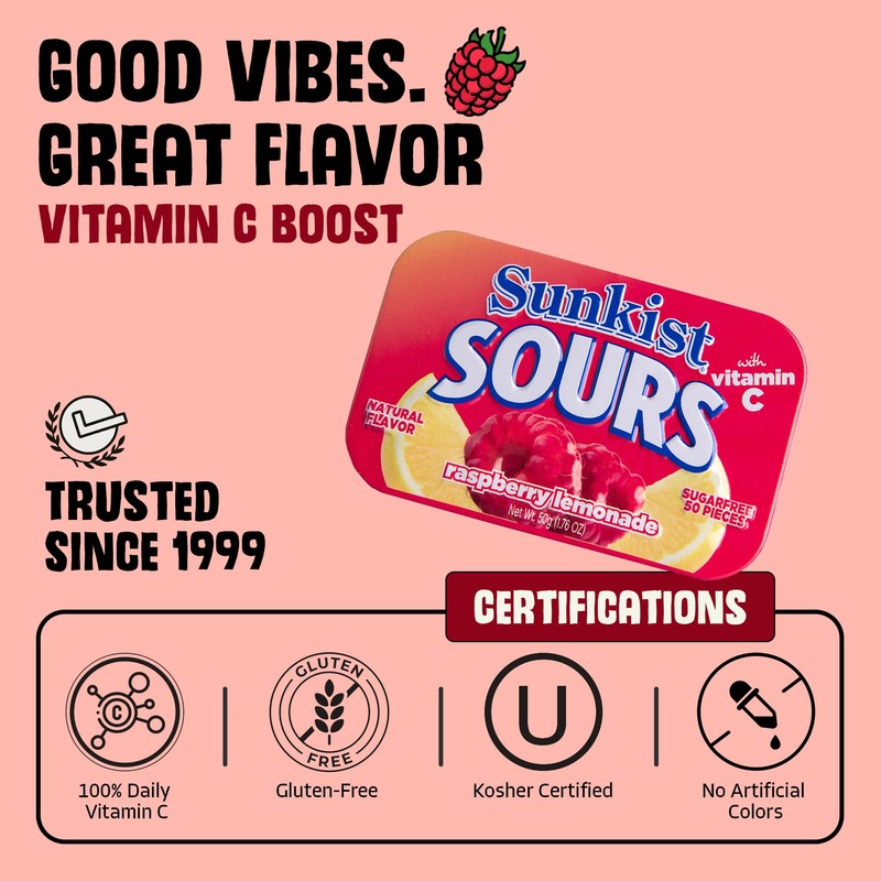 Sunkist Sours Raspberry Lemonade Candy | Sugar Free, Natural Fruit