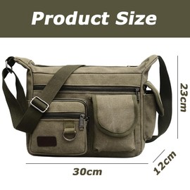 Canvas Crossbody Bag with Water Bottle Holders, Multi Pocket Messenger Bag, Vintage Laptop Bag, Briefcase for Men and Women Green (30 * 23 * 12 CM)