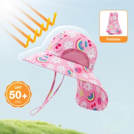KAKU NANU Baby Sun Hat UPF 50+ Summer Toddler Bucket Hats with Wide Brim Neck Flap for Outdoor Beach Swim(Pink + Yellow,2-6 Years)