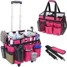 Bolsa de Limpieza Extragrande con Ruedas, Carrito de Limpieza con Tablero de Soporte Duro Integrado y Carrito Desmontable, con Correa Ajustable para el Hombro y Múltiples Bolsillos, Color Rosa