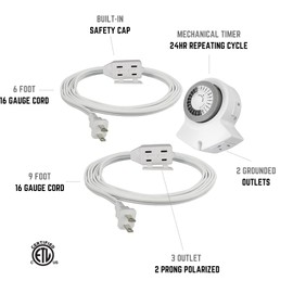 Clear Power 2-Outlet Indoor Mechanical Timer with 6 ft and 9 ft SPT-2 White 3-Outlet Indoor Extension Cords, CPCO95001