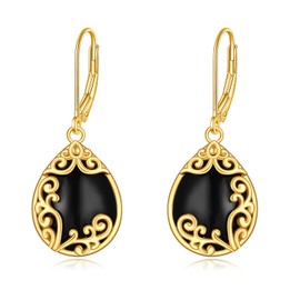 Black Onyx Earrings Sterling Silver Filigree Black Stone Dangle Drop Leverback Earrings Boho Jewelry Gifts for Women, Sterling Silver, black onyx