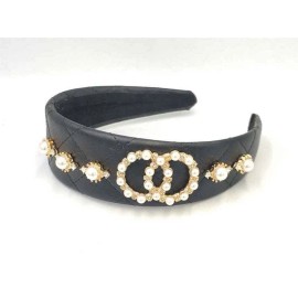Undisclosed BLACK LEATHER GOLD HAIRBAND CREAM PEARLS CLEAR STONES ( 1172 GDBKCR )
