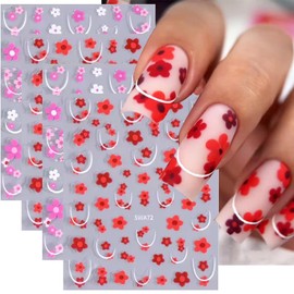 MOLILON 4 Sheets French Tip Flower Nail Art Stickers, Self-Adhesive Pink & Red Flowers Nail Decals, French Smile Line Nail Stickers Nails Design for Women Girls DIY Manicure Decoration