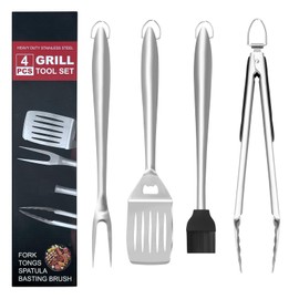 Four Seasons BBQ Tools Grill Tools Set 4pc Stainless BBQ Accessories with Spatula, Fork, Brush & BBQ Tongs Grilling Cooking Gifts