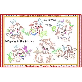 THE SEWING BEE Pups in the Kitchen  Elmbroidery Transfers 7259 ANIMATED Tea Towels iron-on